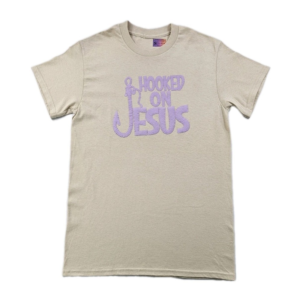 Hooked On Jesus Women's Small Tan Puffed 3D Purple Spell Out Print T Shirt‎